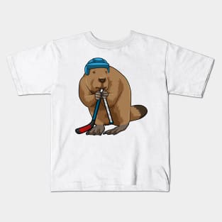 Beaver at Ice hockey with Ice hockey stick Kids T-Shirt